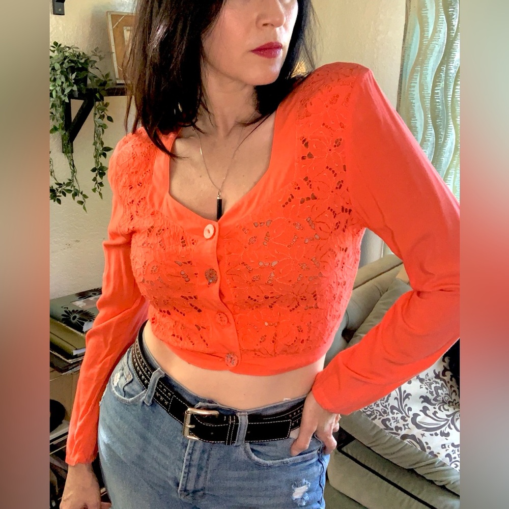Vintage Judy Knapp Coral Pink/Orange Lace Button-Up Top